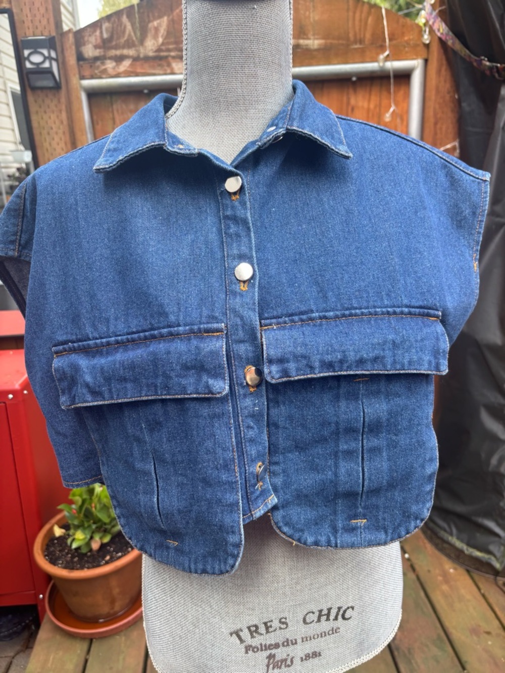 Y2K Cropped Denim Western Vest Rounded Pockets Utility Grunge Med Wash L